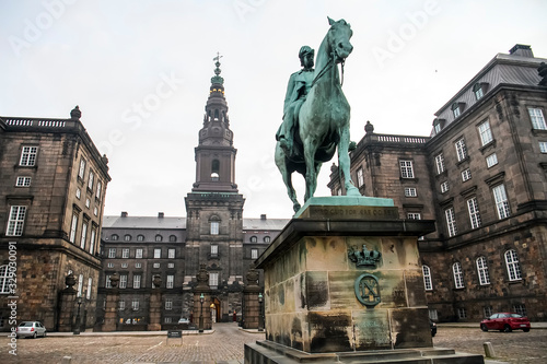 Equestrian statue of King Christian IX near Christiansborg Palace in Copenhagen, Denmark. February 2020