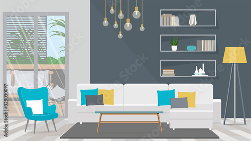 Living room with white sofa and turquoise armchair.