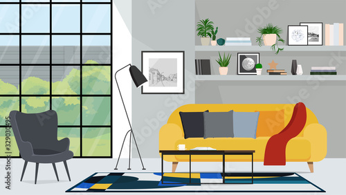 A yellow sofa with an armchair and a lamp by the panoramic window.