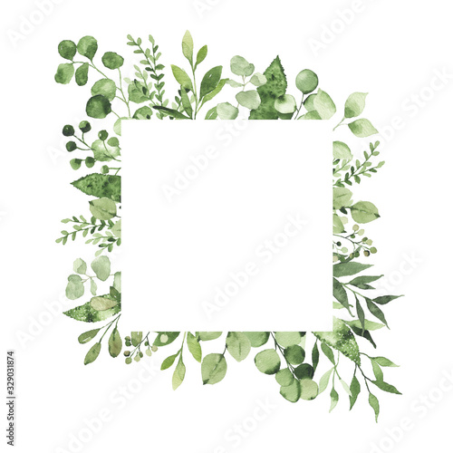 Watercolor geometrical frame with greenery leaves branch twig plant herb flora isolated on white background. Botanical spring summer leaf decorative illustration for wedding invitation card