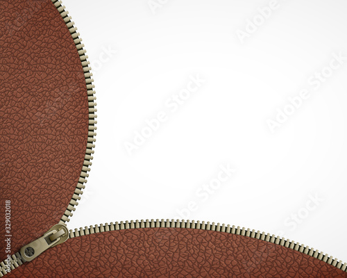 Zipper on leather fabric is unfastened. Sewing accessory.