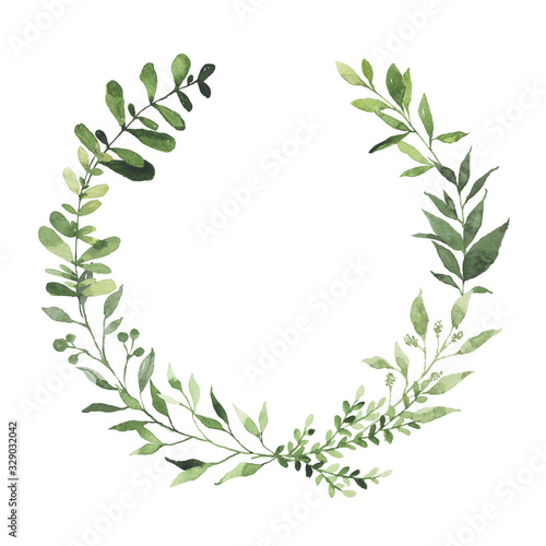 Watercolor round wreath with greenery leaves branch twig plant herb flora isolated on white background. Botanical spring summer leaf decorative illustration for wedding invitation card