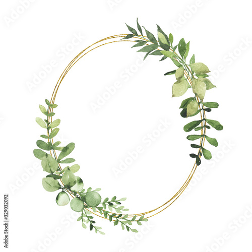 Valokuva Watercolor gold geometrical wreath with greenery leaves branch twig plant herb flora isolated on white background