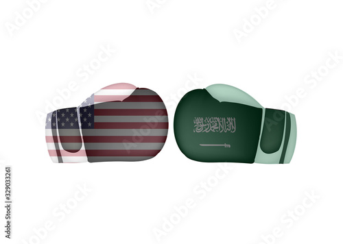 USA VS Saudi Arabia conflict, Boxing gloves with United states of america and  the Kingdom of Saudi Arabia flag, boxing battle concept, oil trading sign symbol background, vector illustration.