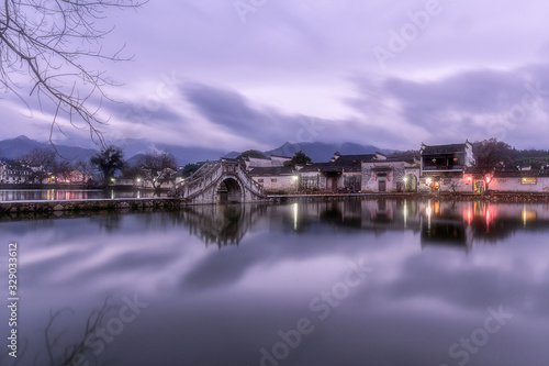 Landscapes in Hongcun village at dusk in winter, an ancient Chinese village in Anhui Provence, China