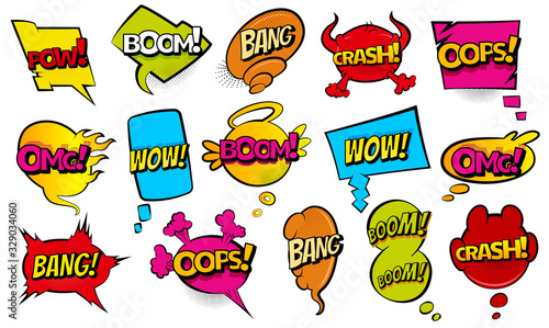 Comic style speech bubbles collection. Funny design vector items illustration. Icons in Pop art style. Comic wording sound effect