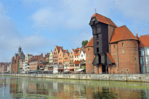 Motlawa River with medieval port crane in Gdansk, Poland