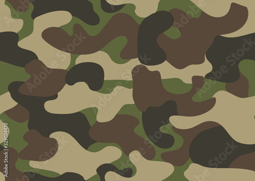 Camouflage seamless pattern. Abstract military or hunting camouflage background. Classic clothing style masking camo repeat print. Green brown black olive colors forest texture camouflage