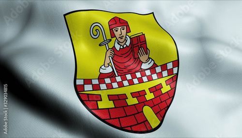 3D Waving Germany City Coat of Arms Flag of Ludenscheid Closeup View photo
