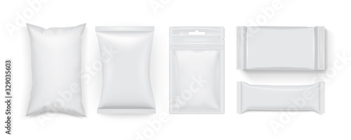 collection of different white food packaging isolated on white background mock up template photo