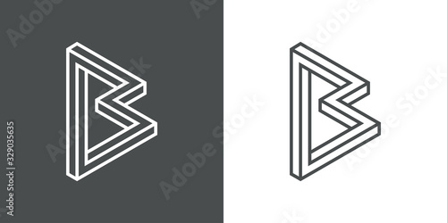 Icono lineal letra inicial B tridimensional en perspectiva imposible en fondo gris y fondo blanco