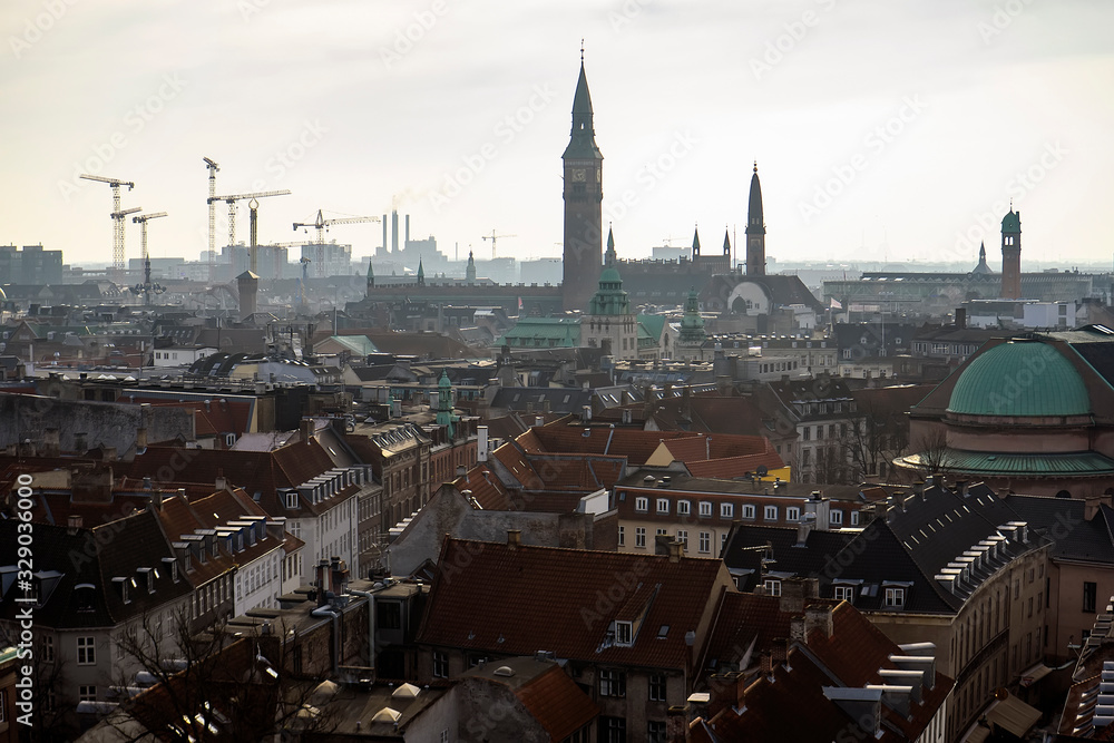 Fototapeta premium Aerial view of Copenhagen from the top of Round Tower Rundetaarn. Copenhagen, Denmark. February 2020