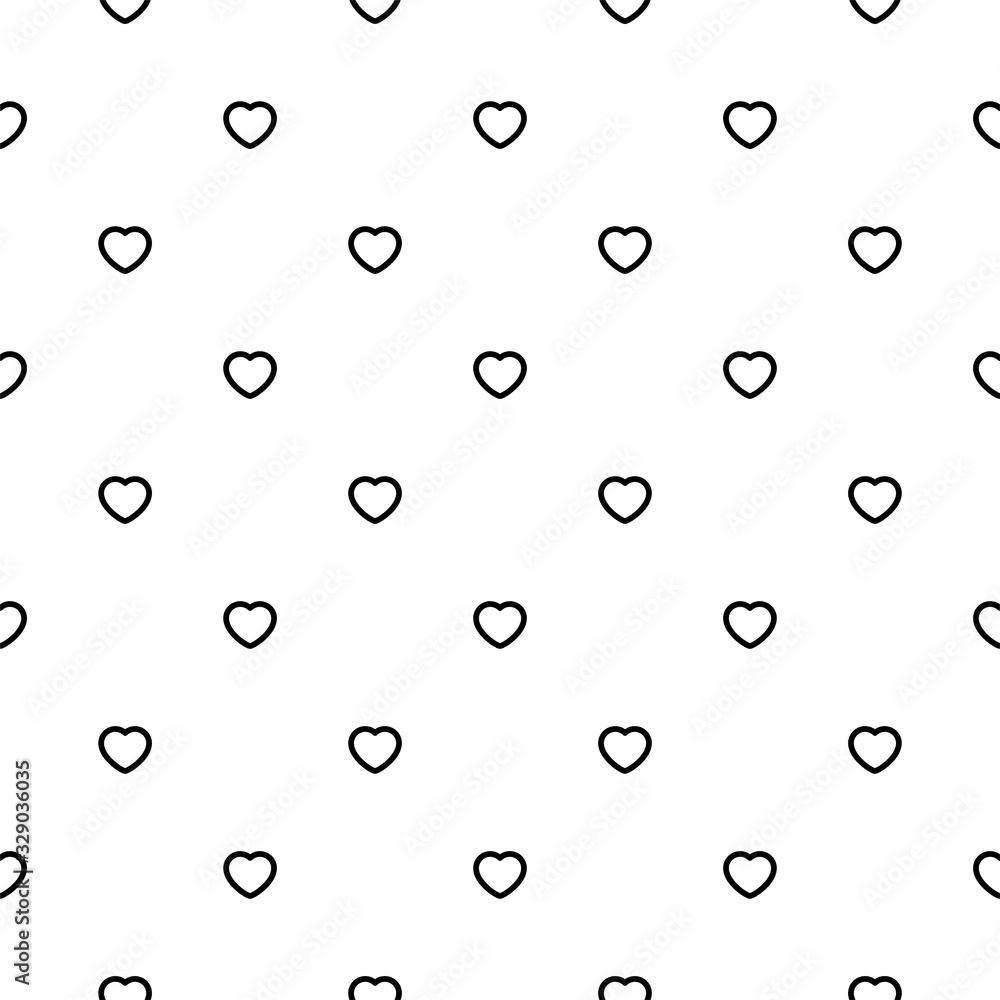 Cute pattern. The seamless black-n-white background of outlined hearts. Vector 8 EPS