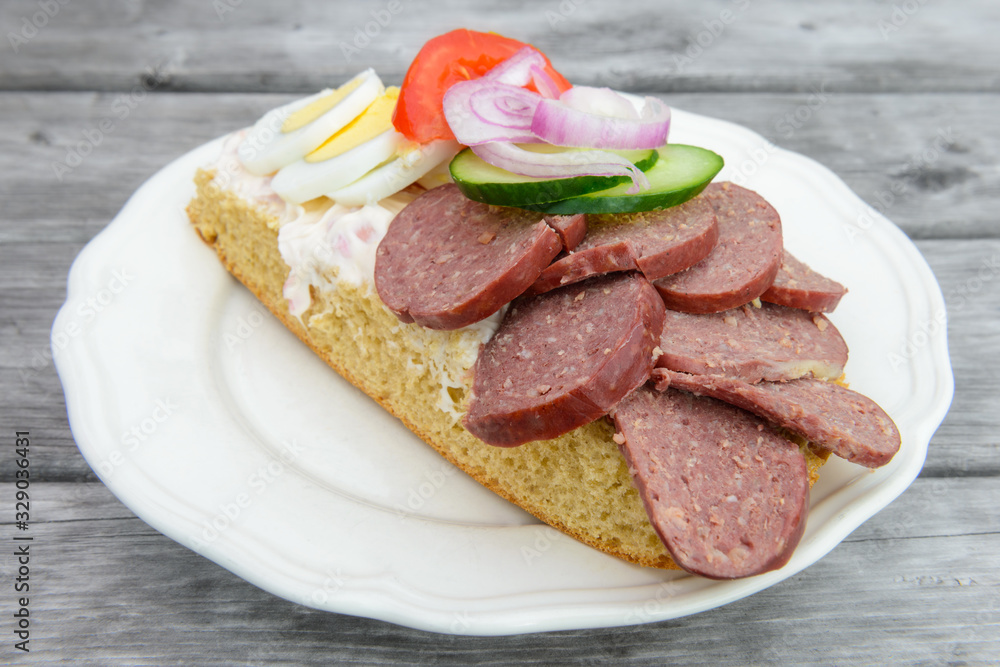 Open sandwich with sausages, Torsång, Dalarna, Sweden Open sandwich with sausages, Torsång, Dalarna, Sweden