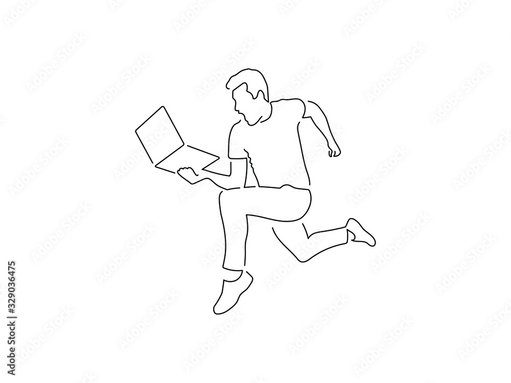 Man using a laptop isolated line drawing, vector illustration design. Technology collection.