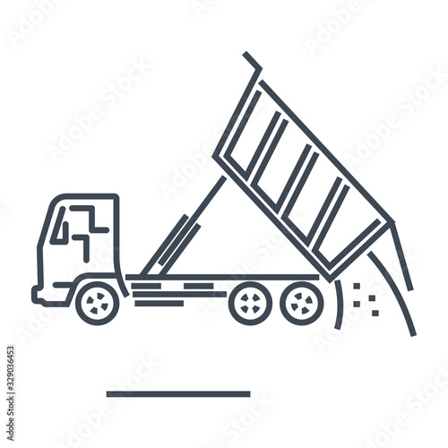 Thin line icon freight road land transport, tipper dump truck