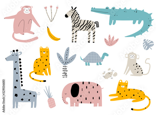 Canvas Print Vector hand-drawn colored children's simple set with cute african animals and plants in scandinavian style on a white background