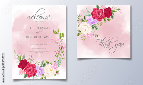 Wedding invitation card template set with beautiful floral leaves