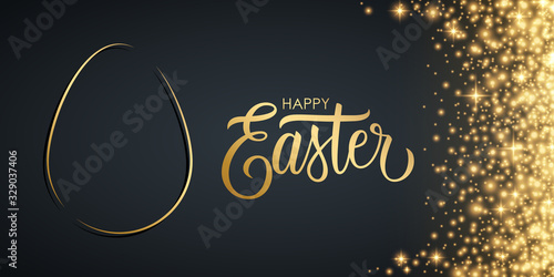 Happy Easter celebrate banner with gold easter egg, hand lettering text design and golden glittering sparks. Luxury holiday background. Vector illustration.
