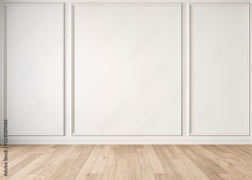 Modern classic white empty interior with moldings and wooden floor. 3d render illustration mock up. Modern classic white empty interior with moldings and wooden floor. 3d render illustration mock up.