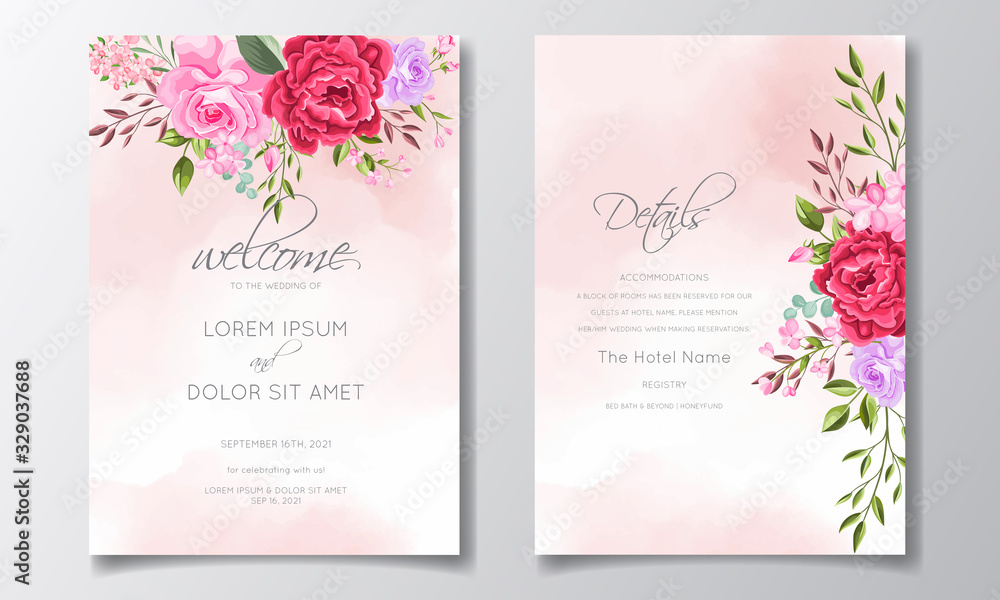 Wedding invitation card template set with beautiful floral leaves