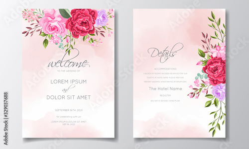 Wedding invitation card template set with beautiful floral leaves © mariadeta