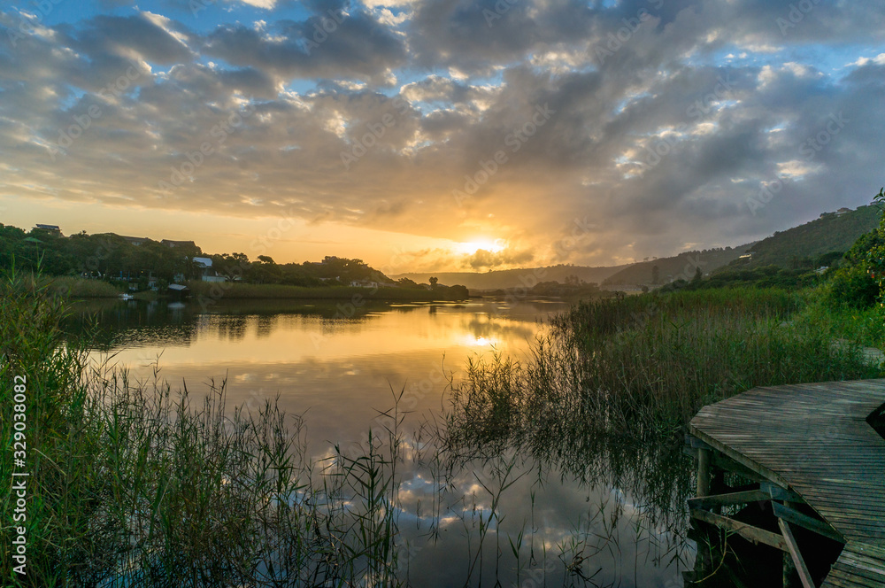 Фотография River sunset landscape with beautiful clouds, water reflection