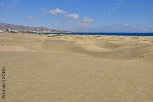 Scenic view of Maspalomas sand dunes on seacoast in Gran Canaria island in Canary islands in Spain. Beautiful summer sunny look of white sand and sea on paradise island in Atlantic ocean.