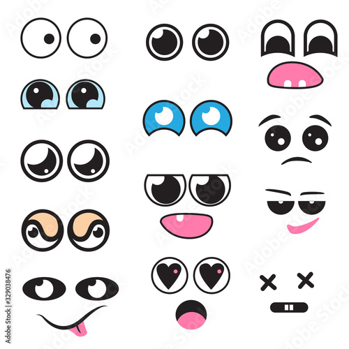 Vector cute cartoon eyes and mouths muzzle set.