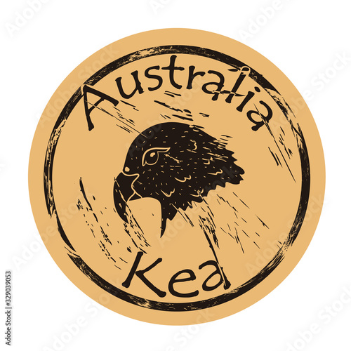 Kea bird silhouette icon round shabby emblem design old retro style. Predatory parrot hunting a sheep. New Zealand fauna. Kea parrot head logo mail stamp on craft paper vintage grunge sign.