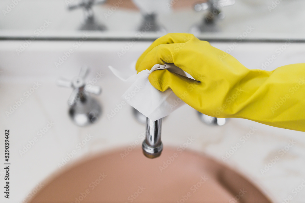Ταπετσαρία disinfecting surfaces from bacteria or viruses sill-life, hand with glove cleani