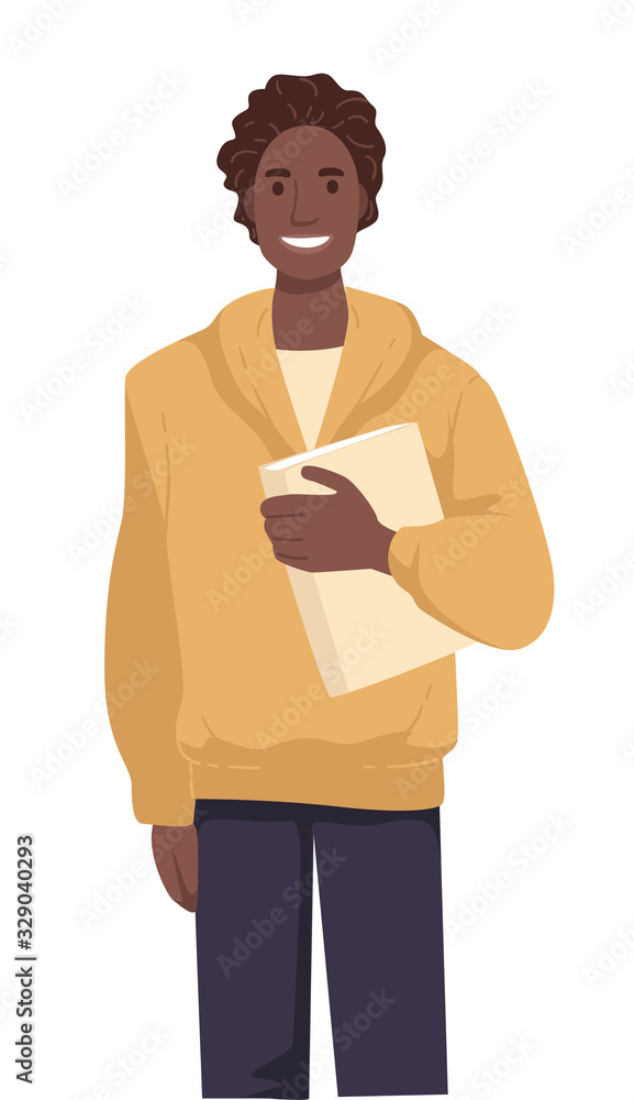 Fototapeta premium International student with book, African American guy in casual clothes