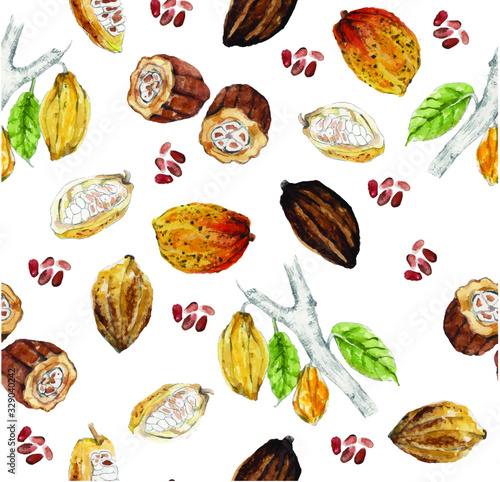 Watercolor and pencil hand drawn cacao pattern