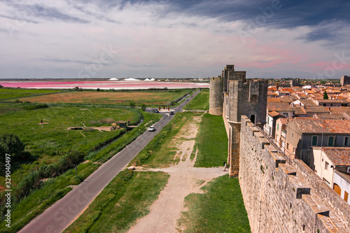 Exterior view of the ramparts of the walls of the fortified city of Aigues Mortes, in the Camargue France.