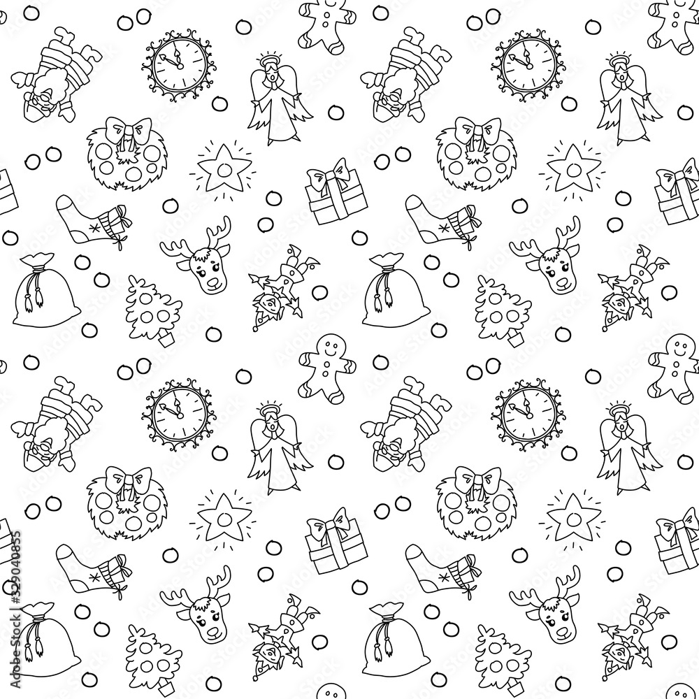 The monochrome pattern of christmas symbols: star, gift, elf, snowman, christmas tree, etc. on white. Doodle illustration. Vector 8 EPS The monochrome pattern of christmas symbols: star, gift, elf, snowman, christmas tree, etc. on white. Doodle illustration. Vector 8 EPS