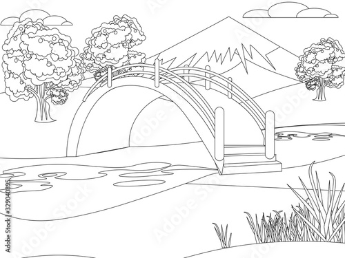 Wallpaper Mural Japanese garden, nature, park. Mountain background. Bright, children drawing. In minimalist style. Cartoon flat raster coloring Torontodigital.ca