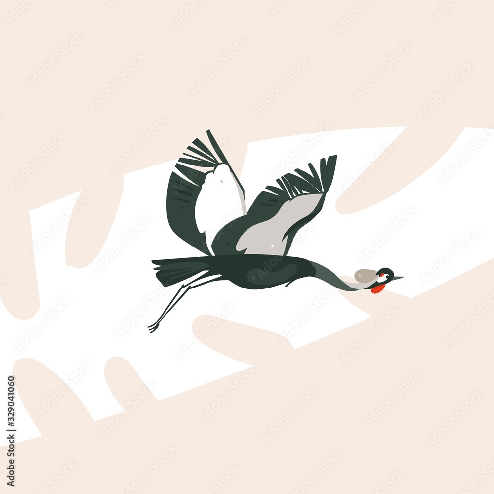 Fototapeta premium Hand drawn vector abstract cartoon modern graphic African Safari Nature concept illustrations art with flying Crane bird isolated on pastel color background
