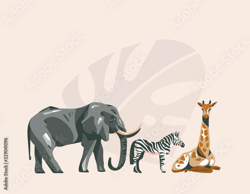 Hand drawn vector abstract cartoon modern graphic African Safari collage illustrations art banner with safari animals isolated on pastel color background
