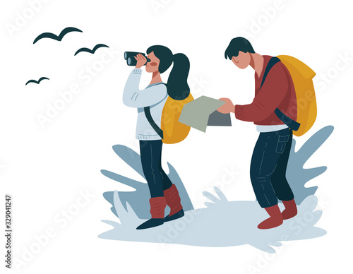 Hiking or backpacking, couple walking with map and binocular, way searching