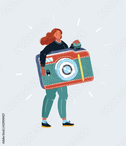 Tiny woman with big photocamera in her hands on white