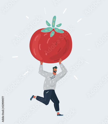 Man run with big giant tomato in his hands on white