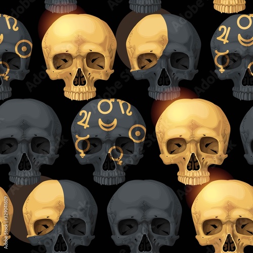Vector seamless pattern with black human skulls