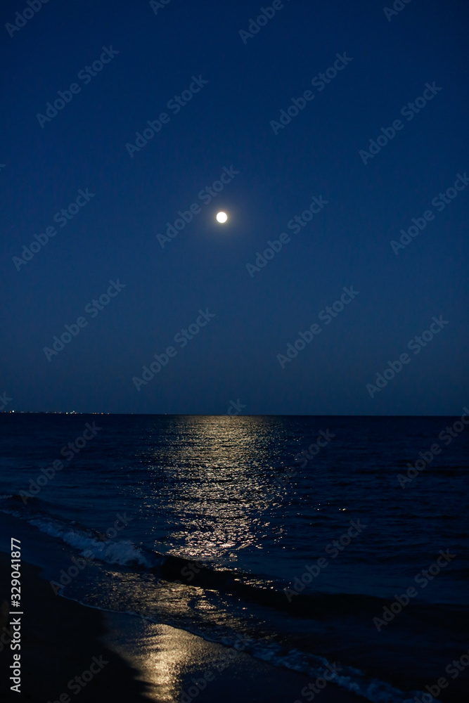 Moon over the sea at night, dark blue sky