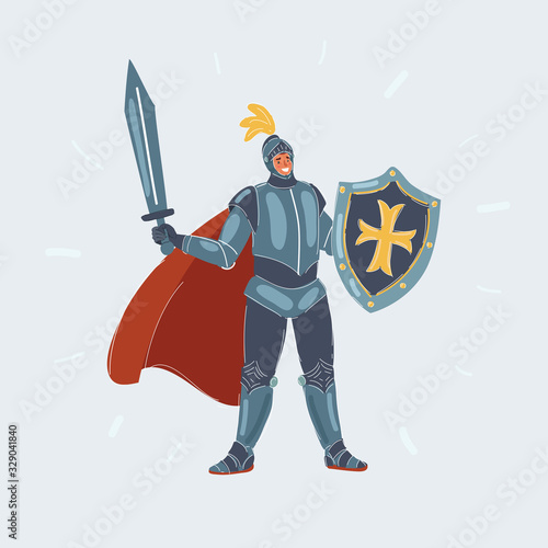 Illustration of knight man in armor with sword and shield