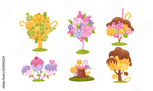 Cartoon Sweet Candy Trees Isolated on White Background Vector Set photo