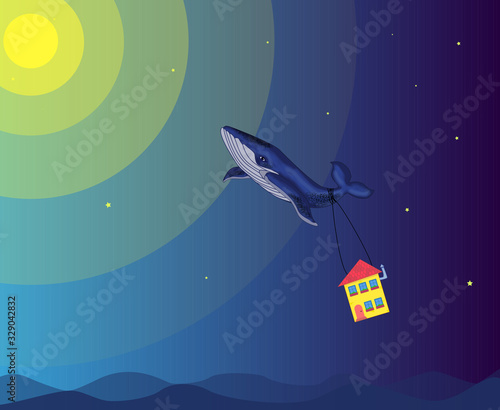 A huge whale with a house floats in the night sky like a balloon.