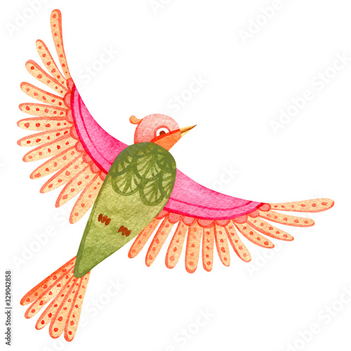 Cute watercolor little paradise bird. Fairytale hand painted illustration. Isolated on white.