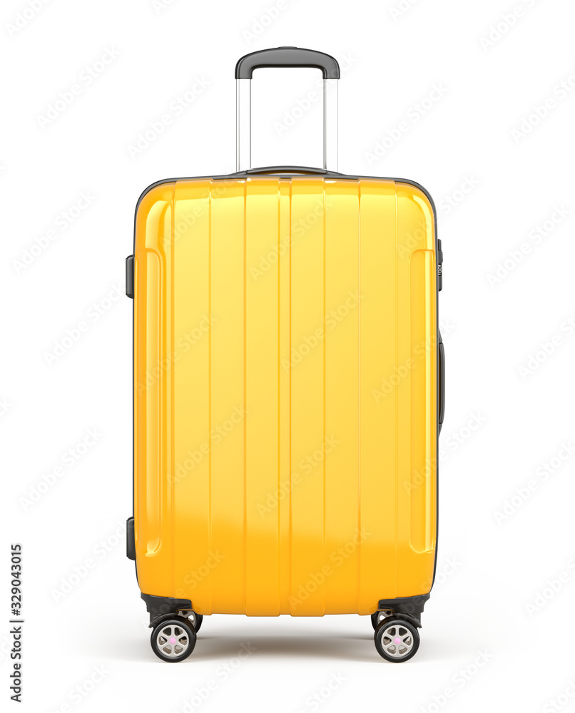 Stylish Orange Suitcase on wheels isolated on white. Travel concept - suitcase 3d icon. 3d rendering Stylish Orange Suitcase on wheels isolated on white. Travel concept - suitcase 3d icon. 3d rendering