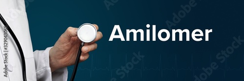 Amilomer. Arzt im Kittel hält Stethoskop. Das Wort Amilomer steht daneben. Symbol für Medizin, Krankheit, Gesundheit photo