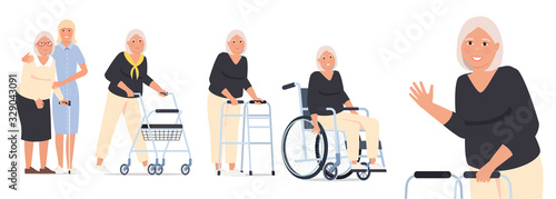 Grandmother in a wheelchair, granny with a paddle walker and an elderly woman with a walking stick and a nurse. photo